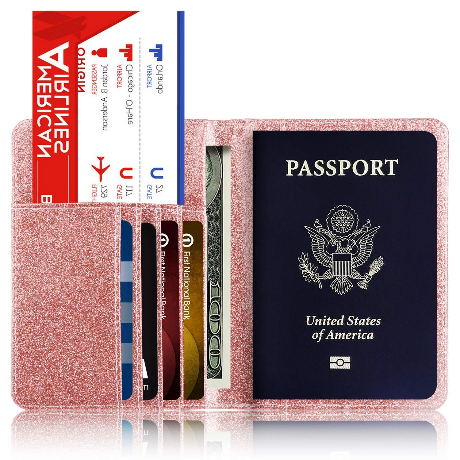 Leather Passport Holder Cover Leather Rfid Blocking Passport Wallet Case for Men Women, Sparkling Gold